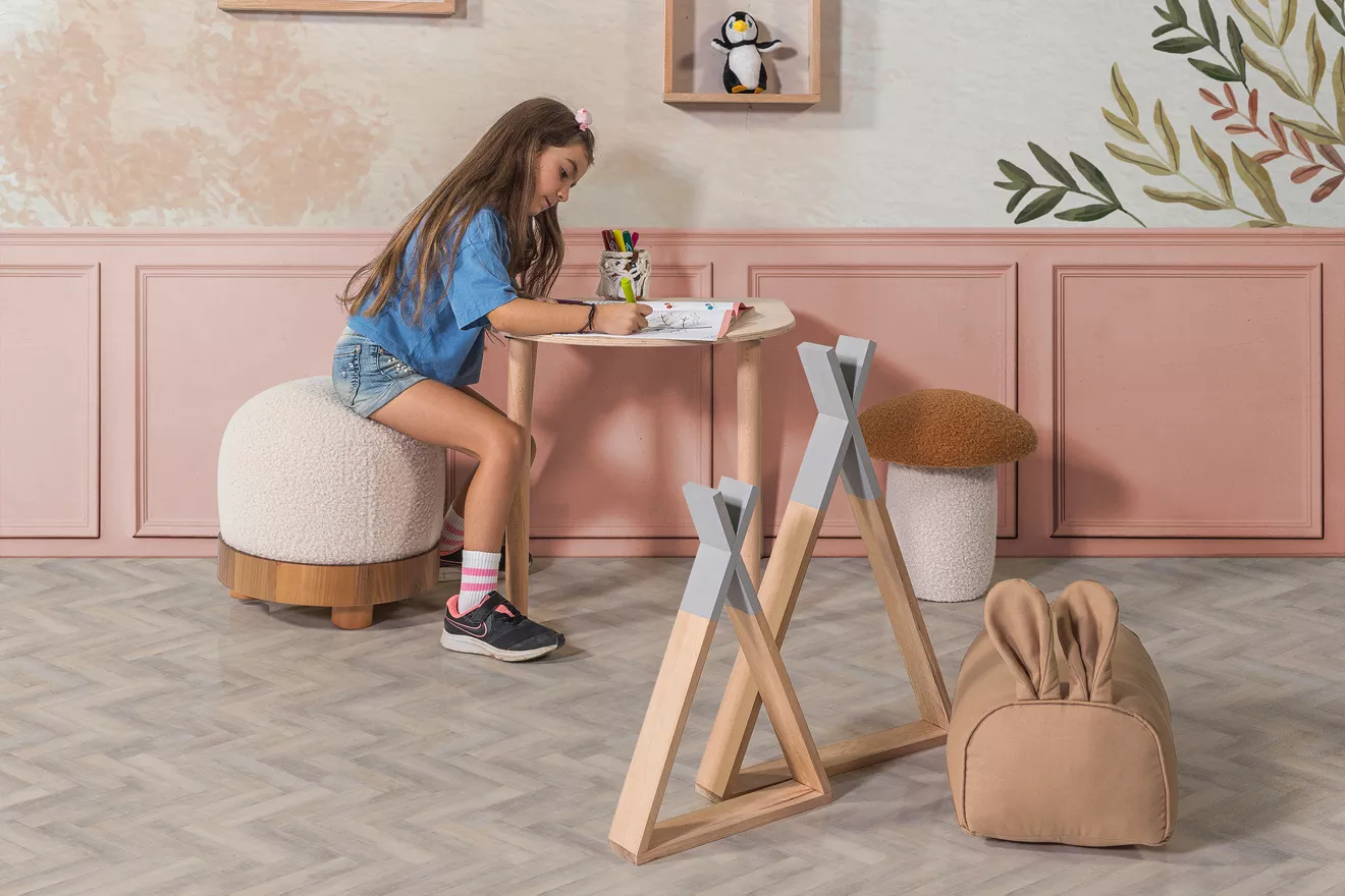 Ahşaplı Puf (Krem) - Görsel 3